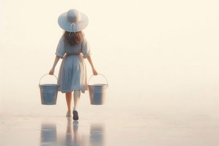 A girl in a hat carries buckets. Space for textの素材