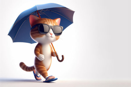 A happy cat in flip-flops and sunglasses walks under an umbrella. Space for textの素材