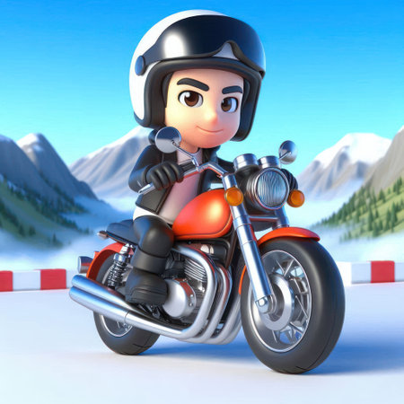 A young guy on a motorcycle against the background of the mountainsの素材