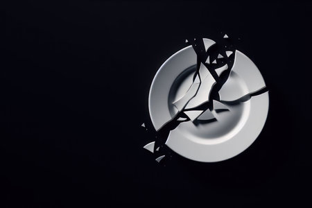 A broken white plate on a black background. Space for textの素材
