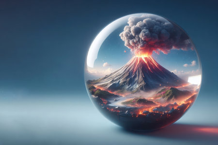 Volcanic eruption inside a glass ball. Space for textの素材