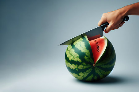 A knife cutting a watermelon. Space for textの素材