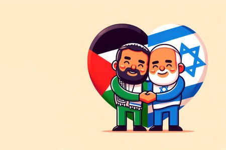 An Israeli and a Palestinian shaking hands. Space for textの素材