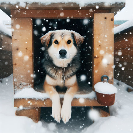 Dog in a kennel during falling snow in winterの素材