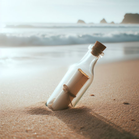 A bottle with a letter on the beach by the seaの素材