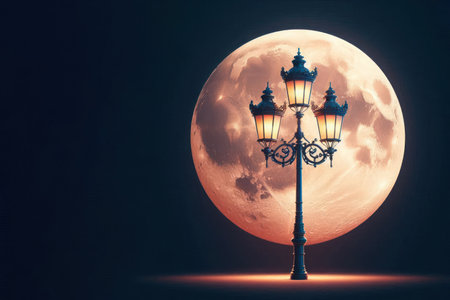 An antique street lamp with a full moon in the background. Space for textの素材