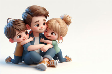 Happy little kids hugging their dad. Space for textの素材