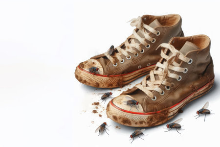 Mud sneakers surrounded by flies. Space for textの素材