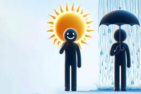 One happy man under the sun, the second standing with an umbrella in the rain. Space for textの素材