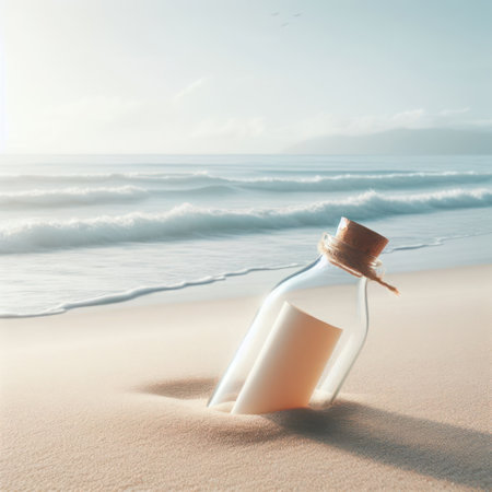A glass jar with a letter on the shore by the seaの素材