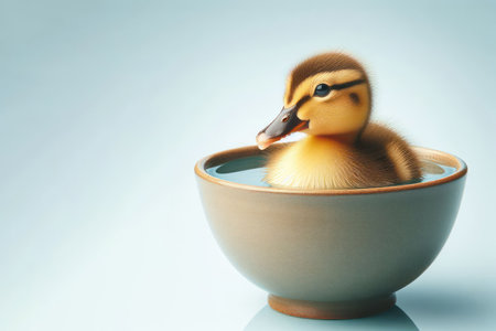 A small duckling sitting in a small bowl of water. Space for textの素材