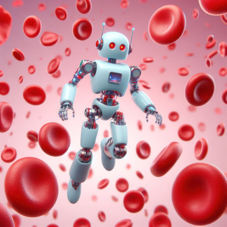 A nanorobot flying among red blood cellsの素材