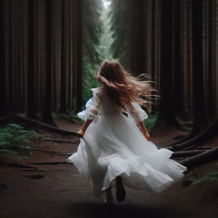 A girl in a white dress running through a dark forestの素材