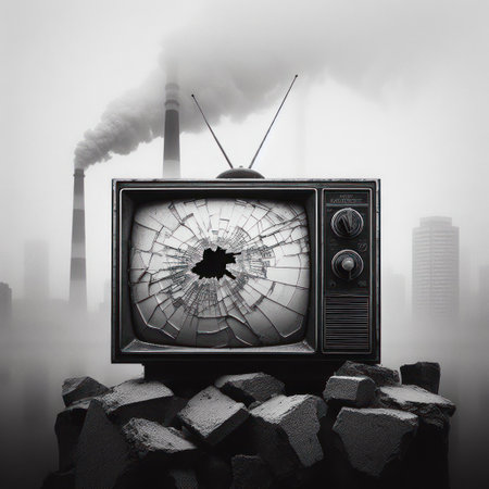 A broken screen of an old TV against the background of smoking pipesの素材