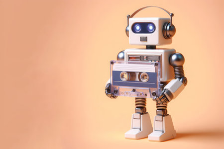 A small robot holding a music cassette. Space for textの素材