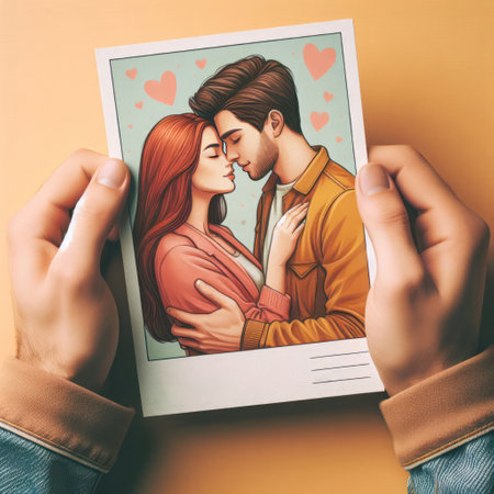 A couple in love depicted on a postcard holding in their handsの素材