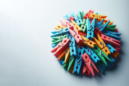 Multi-colored clothespins on a clean background. Space for textの素材