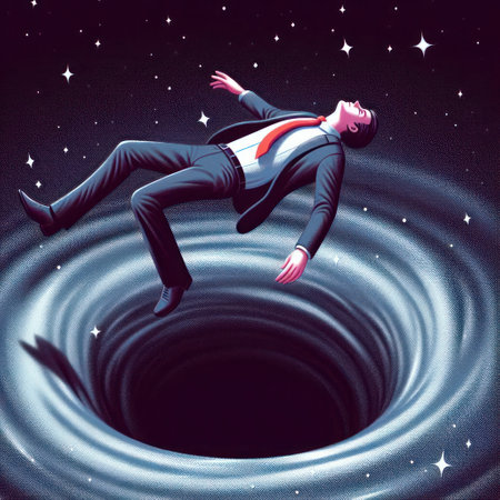 A man in a suit falling into a deep, black holeの素材