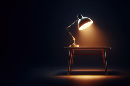 Single table lamp glowing on table on black background. Space for textの素材