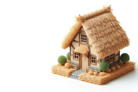 Model of a straw house on a white background. Space for textの素材