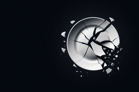 A broken white plate on a black background. Space for textの素材