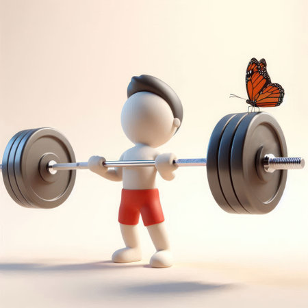 A guy lifting a barbell and a butterfly sitting on the edge of the barbellの素材