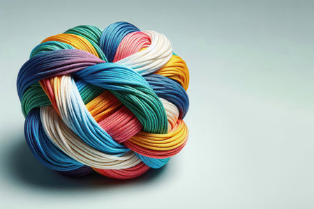 Multi-colored threads braided into one ball. Space for textの素材