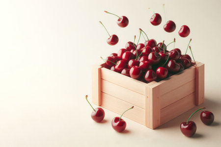Cherries in a small wooden box. Space for textの素材