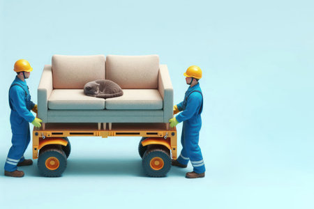 Movers are transporting a sofa with a cat sleeping on it. Space for textの素材