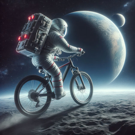 An astronaut rides a bicycle on the surface of another planetの素材