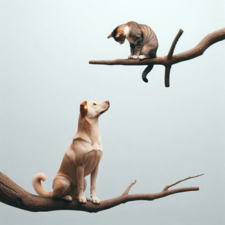 A dog and a cat look at each other while sitting on different branches of treesの素材