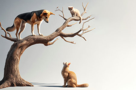 The dog climbed a tree, frightened by the cat. Space for textの素材