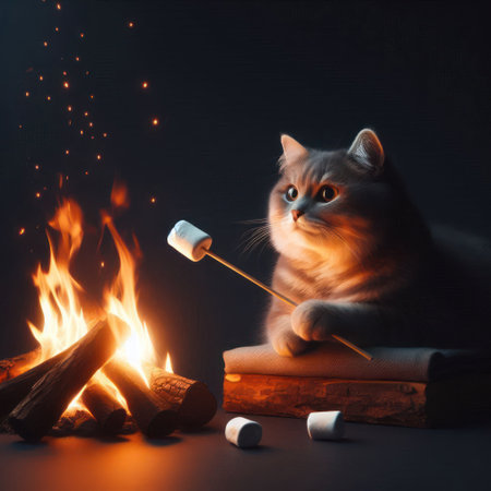 A cat roasts marshmallows lying down by the fireの素材