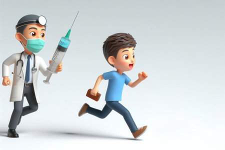 A doctor with a syringe runs after the guy. Space for textの素材