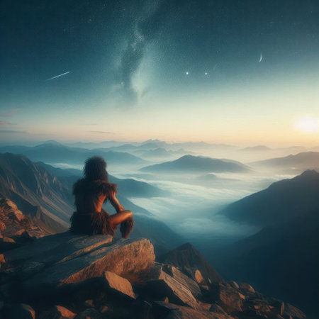 A primitive man watching the sky from the top of a mountainの素材