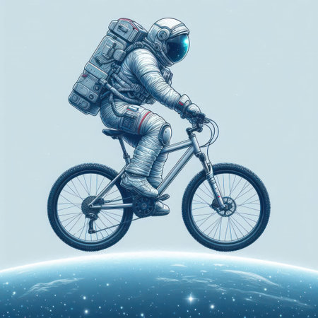 An astronaut in a spacesuit riding a bicycleの素材