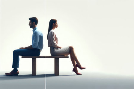 A man and a woman sitting with their backs to each other and separated by a line. Space for textの素材