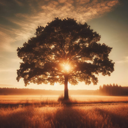 Rays of the sun passing through a single tree in a fieldの素材