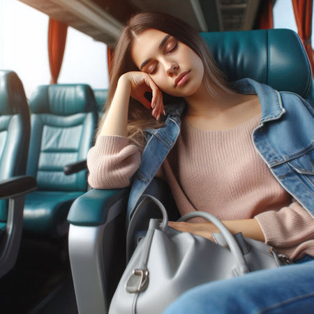 Young woman sleeping in a busの素材