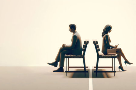 A man and a woman sitting on separate benches with their backs to each other. Space for textの素材