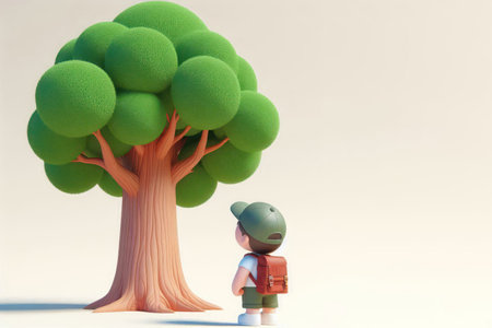 A little boy looking at a large green tree. Space for textの素材