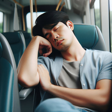 A young man who fell asleep on a busの素材
