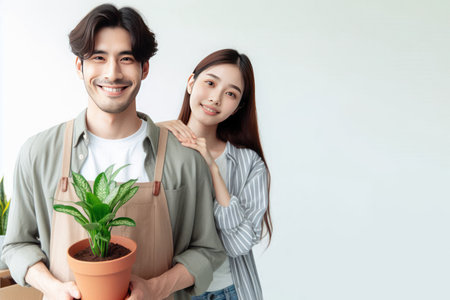 Couple in love and a pot with a plant. Space for textの素材