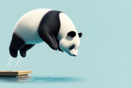 Panda jumping from a springboard into the water. Space for textの素材