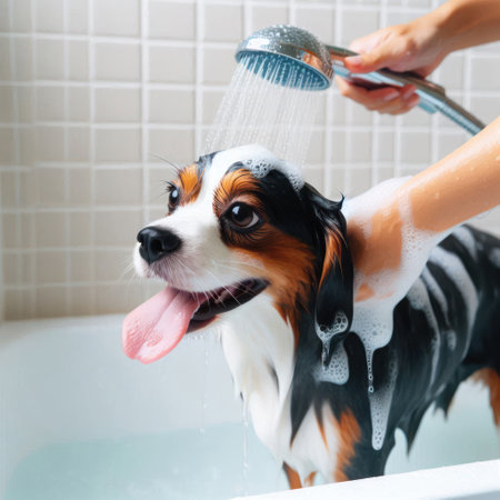 The dog is bathed in the showerの素材
