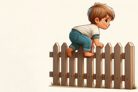 A little boy climbs over the fence. Space for textの素材