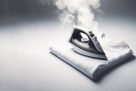 Hot iron lying on a white t-shirt. Space for textの素材
