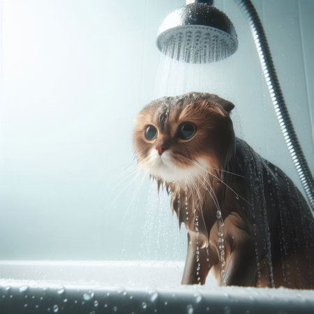 A cat sitting in the bathroom under the showerの素材