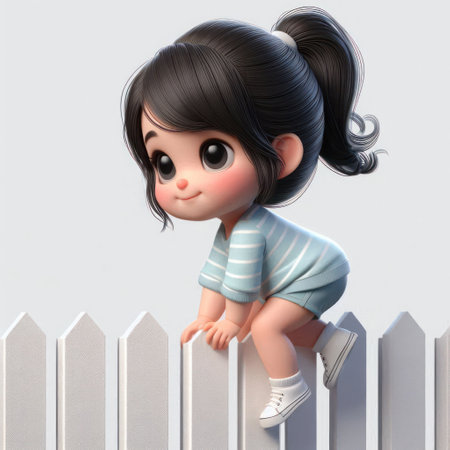 A little girl trying to climb over a fenceの素材