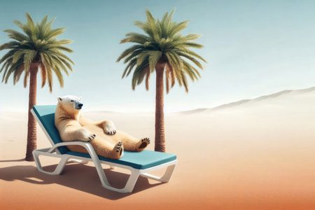 A polar bear resting on a sun lounger near palm trees in the desert. Space for textの素材
